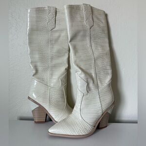 Elegant Cream Croc-Embossed Knee-High Boots